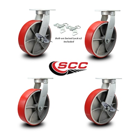 Service Caster 10 Inch Heavy Duty Red Poly on Cast Iron Caster Swivel Lock 2 Brakes SCC, 2PK SCC-KP92S1030-PUR-RS-BSL-2-SLB-2